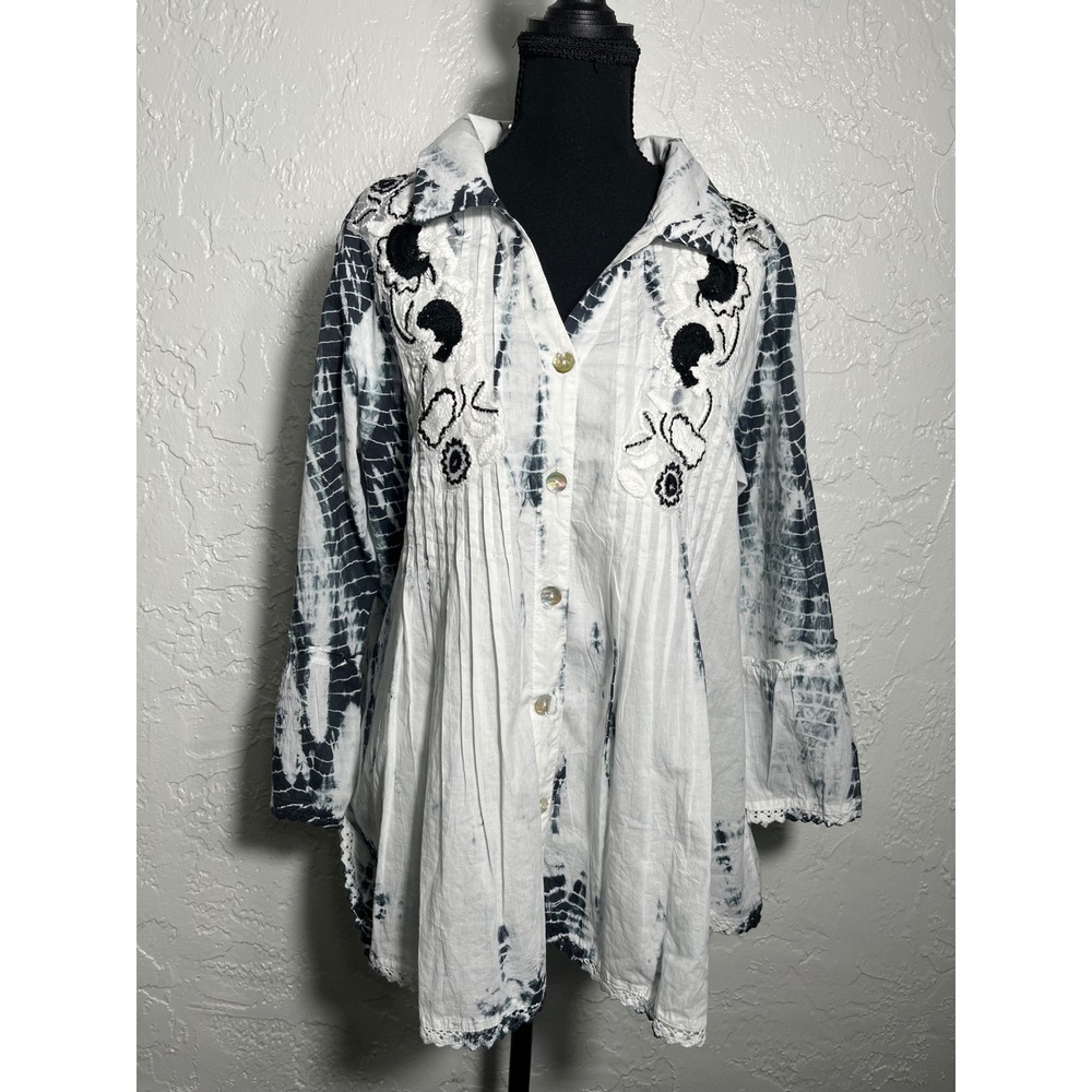 Parsley & Sage‎ L Tie Dye Embroidered Pleated Tunic Shirt 100% Cotton Boho